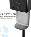 Close-up of drip catcher on Solid Touchless Hand Sanitizer Dispenser On Heavy Duty Steel Floor Stand With Catch Tray And Refillable Bottle.