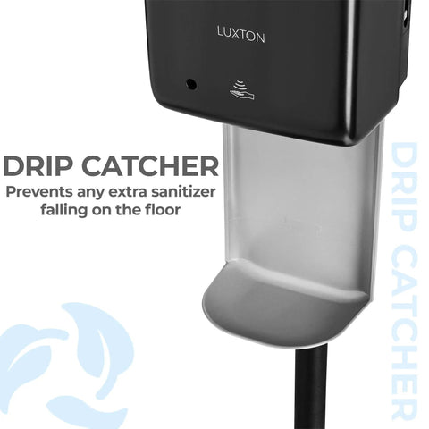 Close-up of drip catcher on Solid Touchless Hand Sanitizer Dispenser On Heavy Duty Steel Floor Stand With Catch Tray And Refillable Bottle.