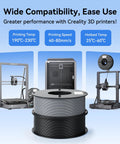 Creality 2 kg black & white PLA filament spool, 1.75 mm, for 3D printing; Creality printers shown in background.