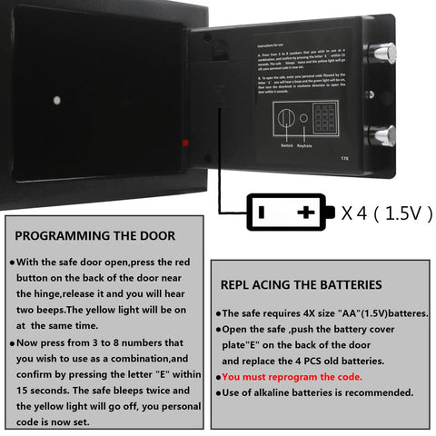 Deluxe Digital Security Safe Box With Keypad Lock, open door showing programming instructions and battery compartment, black interior