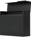 Modern Wall Mount Mailbox in Black Powder Coated Aluminum Heavy Gauge Rust Resistant Designed And Made In North America Sleek Dope Look Easy Install With Mounting Holes And Rubber Spacers To Protect Your Wall. Black mailbox with open lid