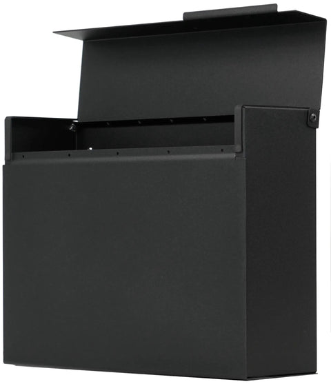 Modern Wall Mount Mailbox in Black Powder Coated Aluminum Heavy Gauge Rust Resistant Designed And Made In North America Sleek Dope Look Easy Install With Mounting Holes And Rubber Spacers To Protect Your Wall. Black mailbox with open lid