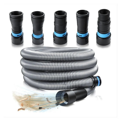 Heavy Duty 5 Adapter Woodworking Dust Collection Hose Kit With 10 Feet Flex Vacuum Hose For Home Shop, includes five adapters and flexible hose.