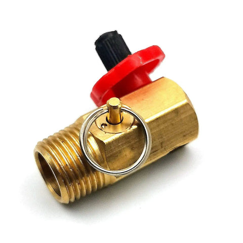 Heavy Duty Brass Air Tank Manifold Replacement Kit With 130 Psi Pop Off Safety Valve close-up view showing valve and safety features.