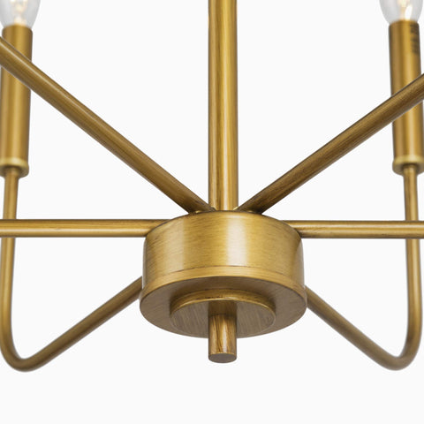 Close-up of Gold Brass Six Light Chandelier For Dining Room And Living Room, Vintage Edison Bulbs Ready, 22.5 Inch Diameter