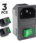 All-In-One Panel Mount AC Power Inlet Module With Fuses, Rocker Switch, and Green Pilot Light, IEC C14 Socket 250V 10A