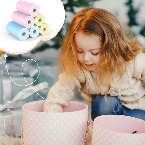 6 Rolls Kids Camera Instant Print Refill Paper Set For Colorful Photo Printing, No Fuss Thermal Paper For Most Kids Instant Cameras, Includes 2 Pink 2 Blue 2 Yellow, Each Roll 2.2In By 29.5Ft, Prints Over 80 Photos. thermal paper rolls with child using a kids instant camera