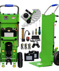 Heavy Duty Electric Stair Climbing Dolly With 900 Lb Capacity And 1500W Motor Smooth Operator showing green dolly with accessories and battery.