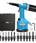Hifeson Heavy Duty Air Hydraulic Rivet Nut Tool With Pneumatic Automatic Riveter Gun and 13 Piece Nose-Kit for Metric SAE Sizes.