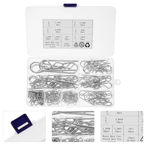 Open kit displaying Cotter Pins With Spring Fastener Clips Kit 125 Pcs Stainless Steel Assortment For Machinery Equipment And Trailer Repairs