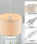 2 Pack Plug In Pendant Lights With 15Ft Clear Cord Toggle Switch Beige Linen Shade Modern Hanging Lamp, fabric shade detail.