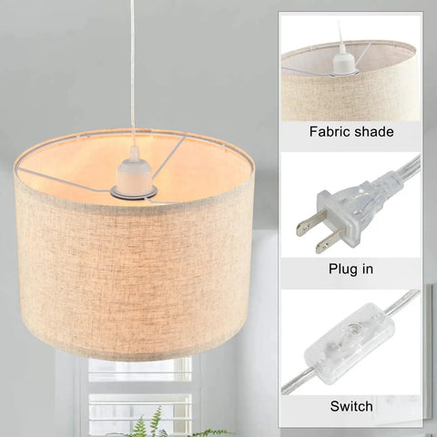 2 Pack Plug In Pendant Lights With 15Ft Clear Cord Toggle Switch Beige Linen Shade Modern Hanging Lamp, fabric shade detail.
