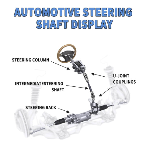 Automotive steering shaft display with labeled steering column, intermediate shaft, and U-joint couplings