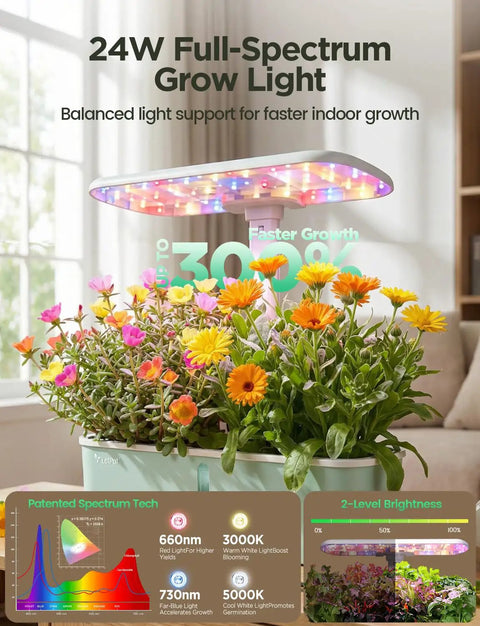 24W full-spectrum grow light over Smart Indoor Hydroponic Garden System With App And WiFi Control For Home Use, 10 Pod Planter