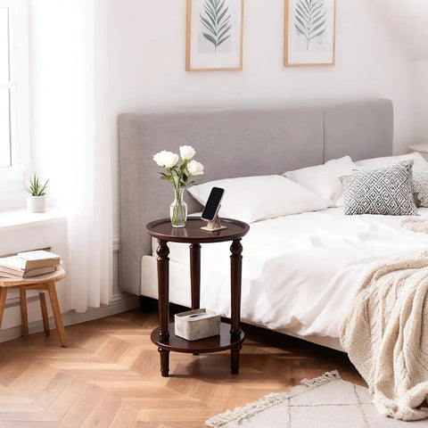 Vintage Walnut Wood Accent Table With Dual Storage Tiers Space Saver Slim Corner End Table For Small Spaces by bedside