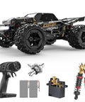 All Terrain RC Monster Truck With 4WD Power, Waterproof Off Road Electric Car, remote control, parts, and accessories displayed