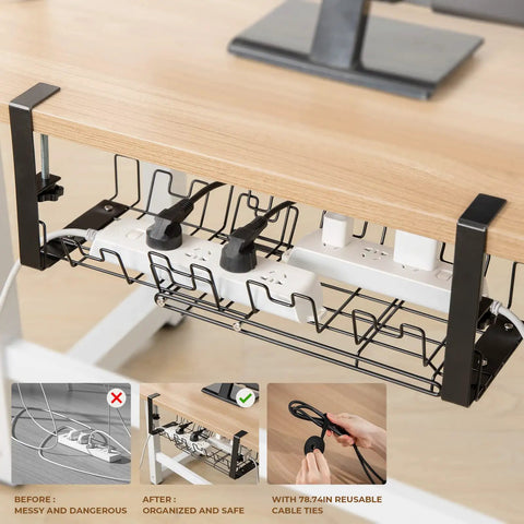 Retractable Under Desk Cable Management Tray With No Drill Clamp for Home Office, Sturdy Metal Cord Organizer, Holds Power Strips, Tidy Workspace