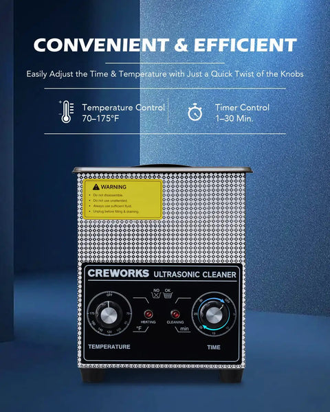 Straight Up Workhorse 2L Ultrasonic Cleaner Tank With 60W Cavitation Waves And Sweet 100W Heater Paired With Precise Digital Timer close-up of temperature and timer controls.