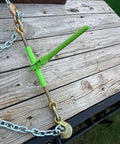 4 Pack 5/16 To 3/8 Inch Heavy Duty Hi Vis Green Ratchet Tie Down With Grab Hook And Slip Clip 5400 Lb Working Load Limit Cargo Latch Binder For Flatbed Trailers Built Tough on wooden surface.