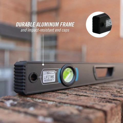 Rock Solid 48 Inch Professional Grade Aluminum Box Level Featuring Dead Accurate Solid Block Acrylic Vials And Bright Contrast Rings For Hella Precise Job Site Measurements