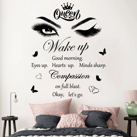Feel Good Vibe Inspirational Quotes Wall Decals Set With Eye Motifs And Eyelash Art Queen Crown Butterflies Hearts Decor