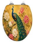 Elongated Peacock Flowing Tail Feathers Peonies Vintage Golden Toilet Seat with vibrant peacock design on resin material.