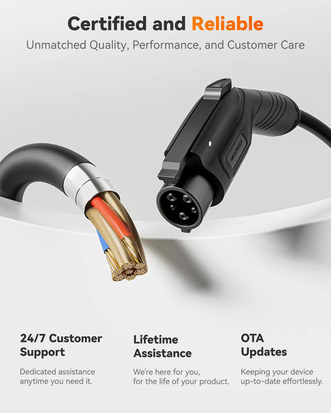 Close-up of Level 2 50 Amp EV Charger EVSE With J1772 Connector Hardwired 25 Ft Cable showing connector and cable details.