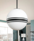 Pan 1 Light Pendant In Black With Round Milk Glass Shade And Black Stripes For Modern Home Lighting, Schoolhouse Globe Style 11.375"