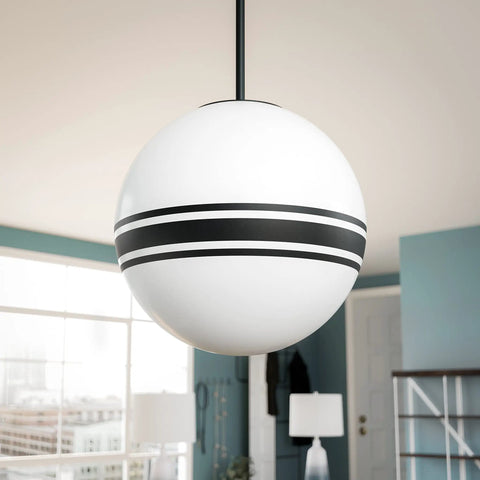 Pan 1 Light Pendant In Black With Round Milk Glass Shade And Black Stripes For Modern Home Lighting, Schoolhouse Globe Style 11.375"