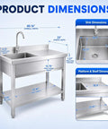 Workhorse Utility Sink With Built In Workbench And Hot Cold Mixer Faucet In Stainless Steel 40 In X 21 In X 40 In NSF Certified SUS304 Brushed Finish 360 Degree Swivel Spout And Durable Rail Work Surface showing dimensions