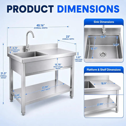 Workhorse Utility Sink With Built In Workbench And Hot Cold Mixer Faucet In Stainless Steel 40 In X 21 In X 40 In NSF Certified SUS304 Brushed Finish 360 Degree Swivel Spout And Durable Rail Work Surface showing dimensions