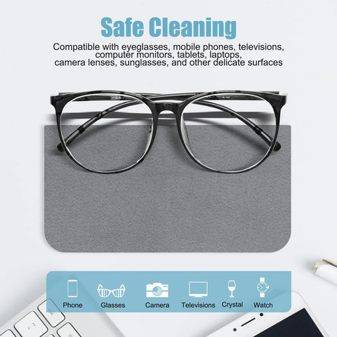 TENOC 6-pack microfiber cleaning cloths for electronics; gray cloth under eyeglasses on a cleaning mat