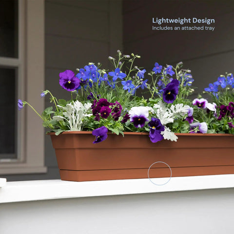 Durable Terra Cotta Window Box Planter With Removable Tray 24 Inch Weatherproof Resin Garden Box filled with purple flowers on railing