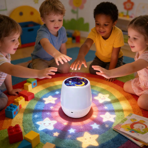 Kids playing with Kids Night Light Projector With USB Cable, 360 Degree Rotating Star Sky Lamp For Bedroom, Six Color Modes And Three LED Bulbs