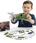 Child assembling Metal Airplane Building Kit For Kids Ages 8 16 285 Piece DIY Mechanical Engineering Set with components.