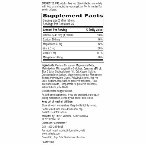 Supplement facts label for Minis 600 Plus D3 Calcium And Mineral Supplement Tablets With Vitamin D For Bone Health And Strong Bones For Adults 150 Count Supports Bone Density And Mineral Balance With Essential Nutrients For Easier Daily Use.