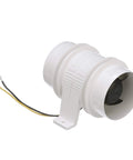 Top Shelf In Line Bilge Blower With Super Slick Five Blade Fan for engine bay ventilation, white plastic with electrical wires.