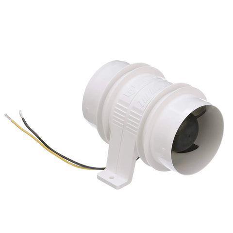 Top Shelf In Line Bilge Blower With Super Slick Five Blade Fan for engine bay ventilation, white plastic with electrical wires.