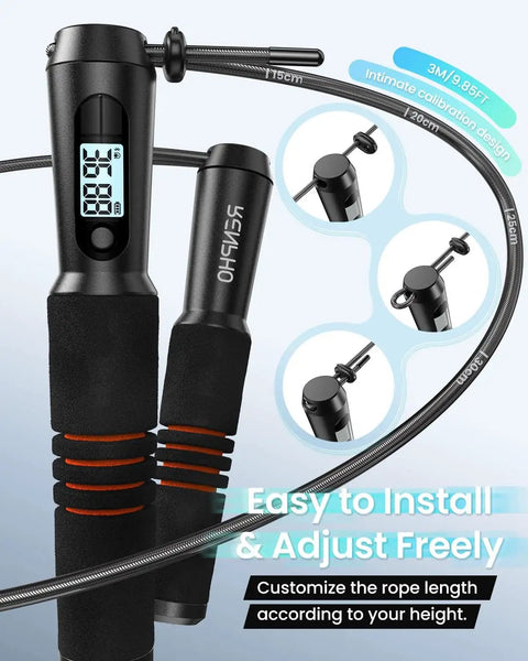 Smart Jump Rope With Counter For Quick Cardio Burn App Data Analysis Lightweight Skipping Rope details handle and LCD.