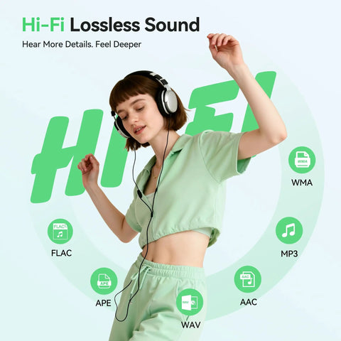 Person enjoying music with headphones, promoting Hi-Fi lossless sound for Bluetooth Mp3 Player With Auto Reconnect Five Point Four One Point Eight Inch Screen 64GB Memory Built In Speaker Micro SD Ready Dope Daily Music Player For On The Go With Fast Reconnect To Your Last Paired Device.