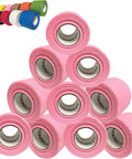 Pink Ten Pack Drumstick Grip Tape Killer Non Slip Cotton Gauze for Pro Drummers stacked with rolls in various colors.