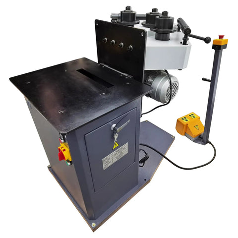 Heavy Duty Electric Pipe Bender Machine Delivering Knockout Tube Curves And Easy Roller Adjustments Built Like A Tank For Pro Contractors. Side view of a sturdy gray pipe bender with control panel.