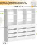 Slick Modular Closet System With Twelve Roomy Drawers And Four Heavy Lifting Rods Adjustable From Eight Point Five To Eleven Point Five Feet, white organizer with dimensions and assembly notes.