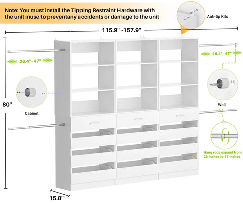 Slick Modular Closet System With Twelve Roomy Drawers And Four Heavy Lifting Rods Adjustable From Eight Point Five To Eleven Point Five Feet, white organizer with dimensions and assembly notes.