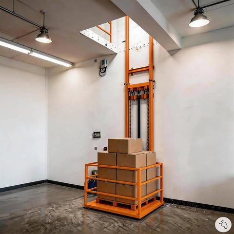 Must-Have Heavy Duty Freight Lift With 2200 Lbs Capacity Electric Cargo Elevator lifting stacked boxes in warehouse.