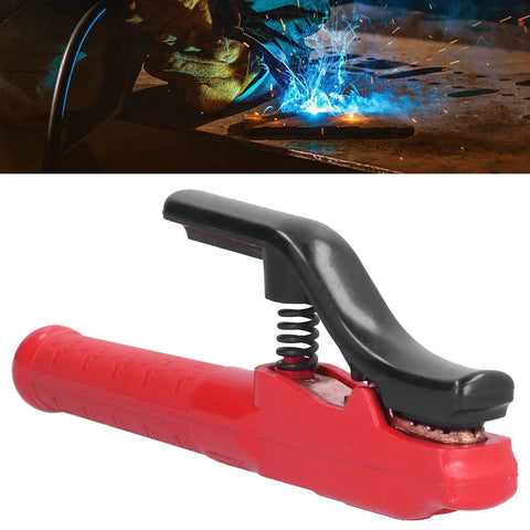 Heavy Hitter Welding Electrode Clamp, 1000A Copper Jaw Stinger, red grip with black handle, designed for welding tasks.