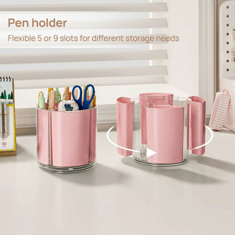 360 Degree Rotating Pen Holder Desk Organizer With Expandable Compartments From Five To Nine Slots Pink Pencil Cup displayed on desk