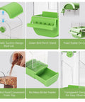 No Fuss Acrylic Automatic Bird Feeder With Sturdy Perch For Cage showing features like magnetic lid and green perch.