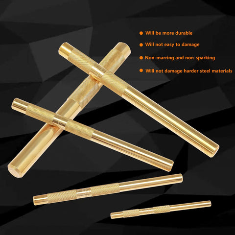Drift Punch Set 5 Piece Beefy Brass Heavy Duty Punches With One Quarter Inch Three Eighths Inch One Half Inch Five Eighths Inch And Three Quarters Inch For Precision Alignment And Hammer Transfer In Metalworking Auto Body And Woodworking Projects displayed on black background