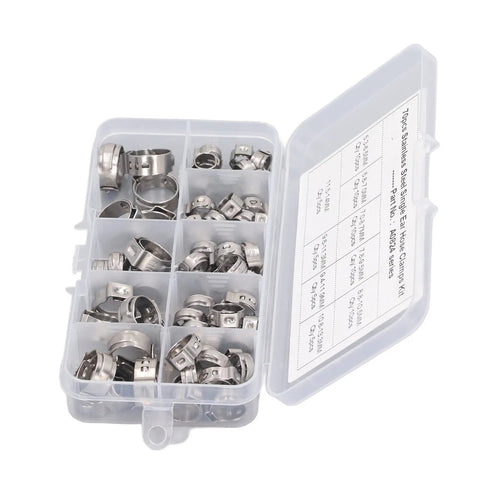 Durable 70Pcs Single Ear Hose Clamp Kit Made From Premium 304 Stainless Steel For Secure Plumbing and Automotive Repairs That Are Built To Last And Handle Any Job With Ease. plastic organizer with 70 stainless steel single ear hose clamps
